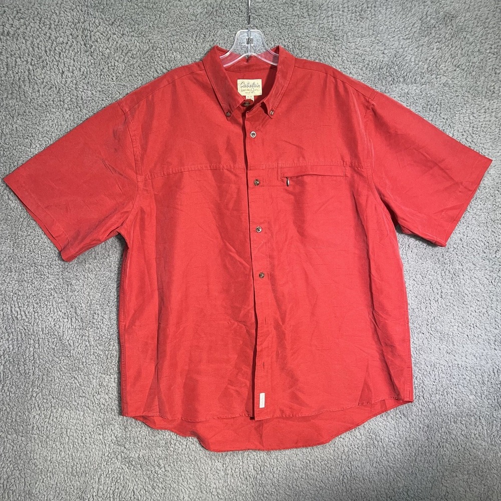Cabelas Shirt Men's Size XL Red Short Sleeve Button Up‎ Modal Blend Light Pocket